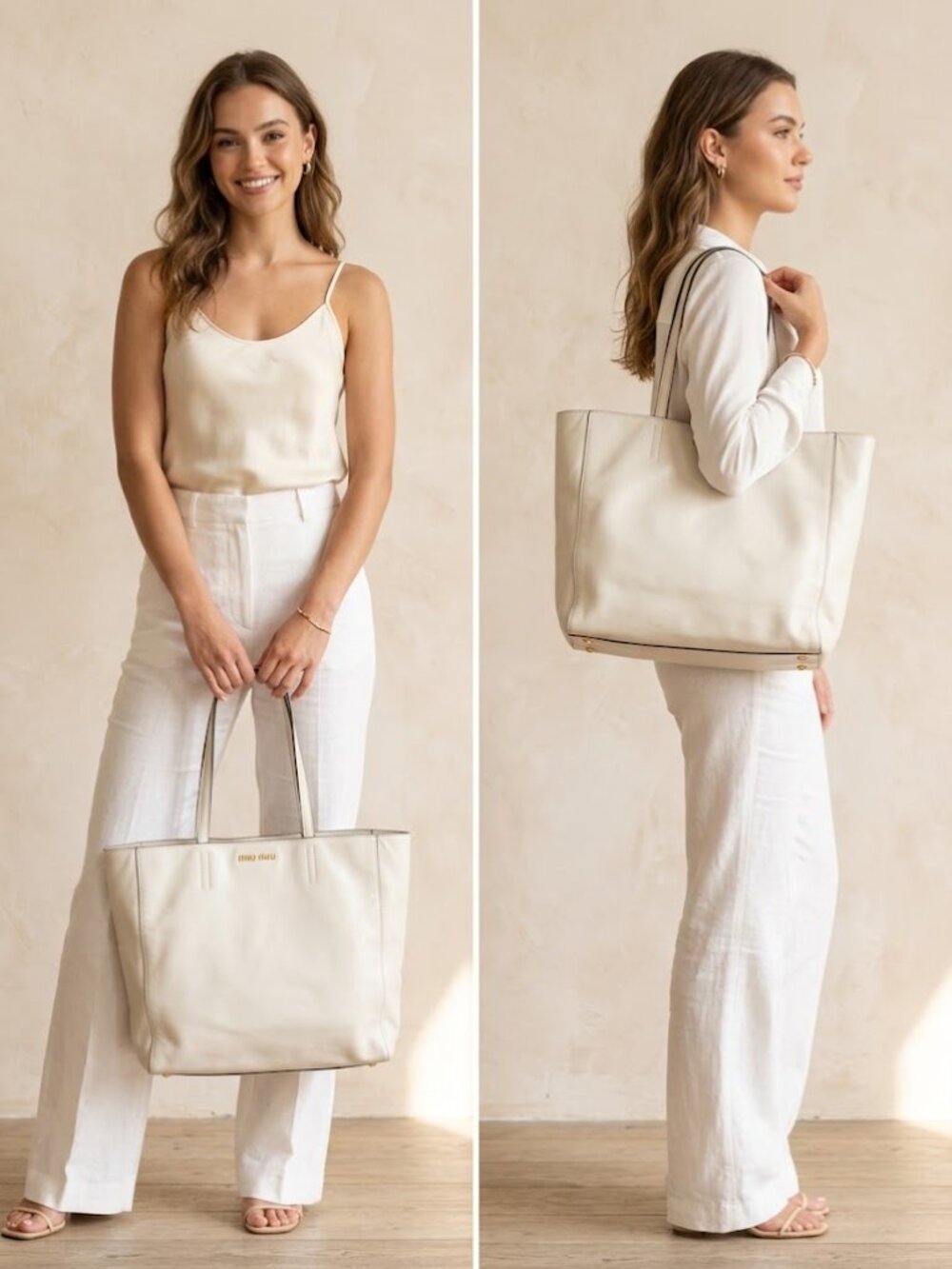Authentic Miu Miu White Leather Gold Hardware Tote Shoulder Bag Made in Italy